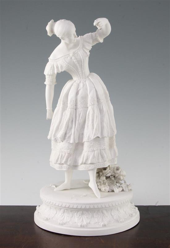 A Samuel Alcock biscuit porcelain figure of the ballerina Fanny Elssler, c.1837, 37cm, contained under a glass dome